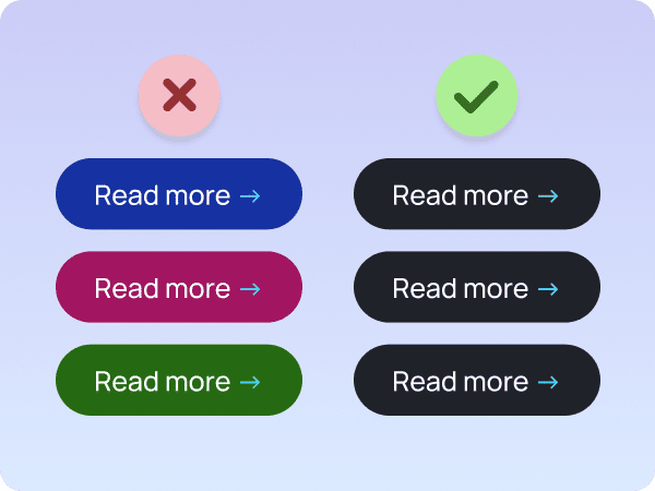 Two columns of CTA buttons: one with inconsistent, random colors and the other with a consistent, coherent color scheme.