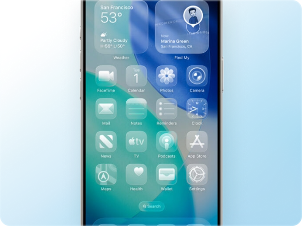 An iPhone screen showcasing the new Liquid Glass interface, with translucent and blurred app icons and widgets, including weather, calendar, and native Apple apps like Maps and FaceTime.