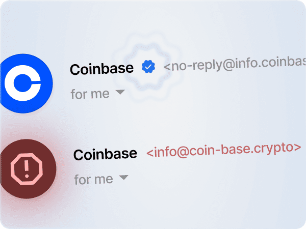 Comparison between a legitimate Coinbase email with a blue checkmark and logo, and a spoofed Coinbase email with a red warning icon and suspicious email address.