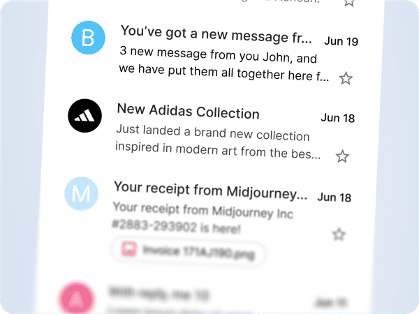 Gmail inbox showing three email senders: one with a default blue initial icon, one from Adidas with a verified brand logo, and one from Midjourney with a light blue initial icon.