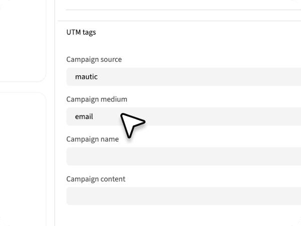 Screenshot of the UTM tags section in Mautic, showing fields for Campaign source, Campaign medium, Campaign name, and Campaign content. The fields “mautic” and “email” are already filled in.