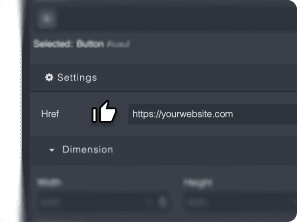 Screenshot of the email editor (GrapeJS) link in Mautic, showing the Href field with a simple URL “https://yourwebsite.com”, without manually adding UTM parameters.