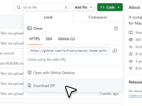 User on the Github repository of the pretended theme, choosing to download it in a ZIP file.