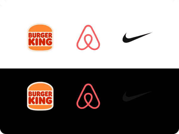 Comparison of Burger King, Airbnb, and Nike logos on light and dark backgrounds to show dark mode readability issues.