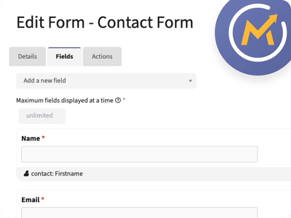 Mautic form builder showing the fields section of a contact form with name and email fields.