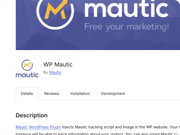 WP Mautic plugin page in the WordPress plugin directory, showing the plugin description and installation information.