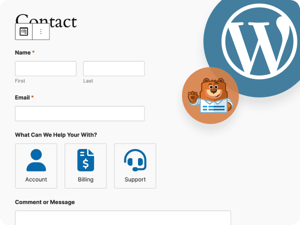 WordPress contact form with account, billing, and support options, alongside the WordPress and WPForms logos.